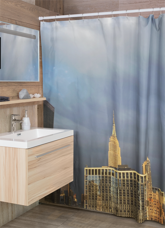Side view of the shower curtain showcasing its vibrant print and dramatic sky design.
