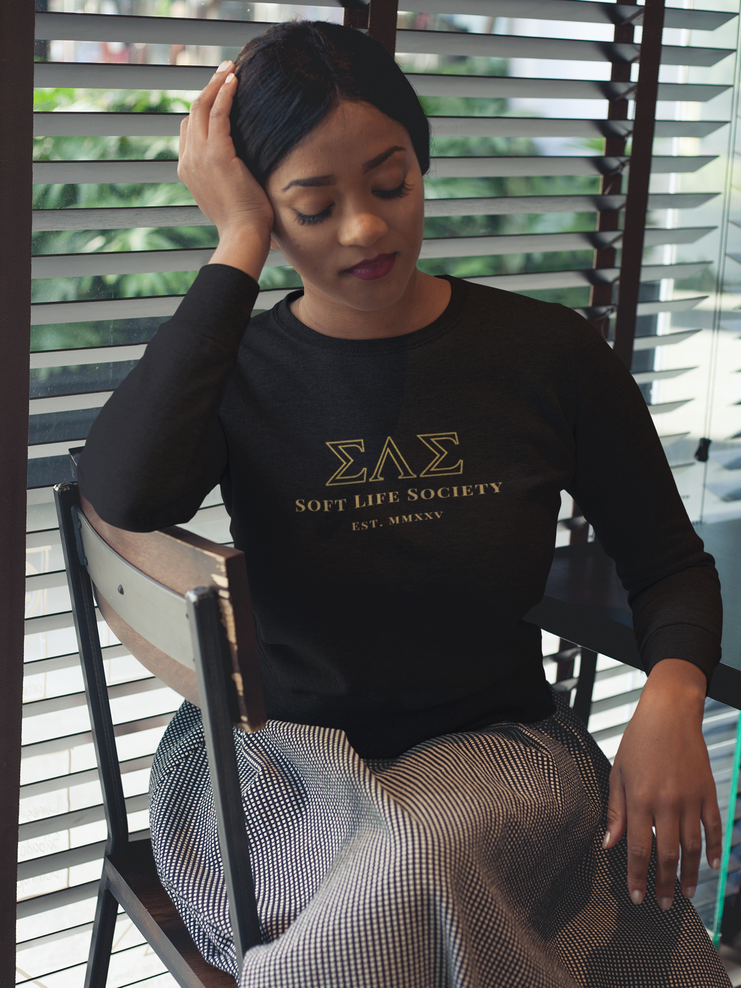 Soft Life Society™ Sorority Crewneck Sweatshirt | ΣΛΣ Vintage Embroidery | Unisex Heavy Blend in Black & Maroon