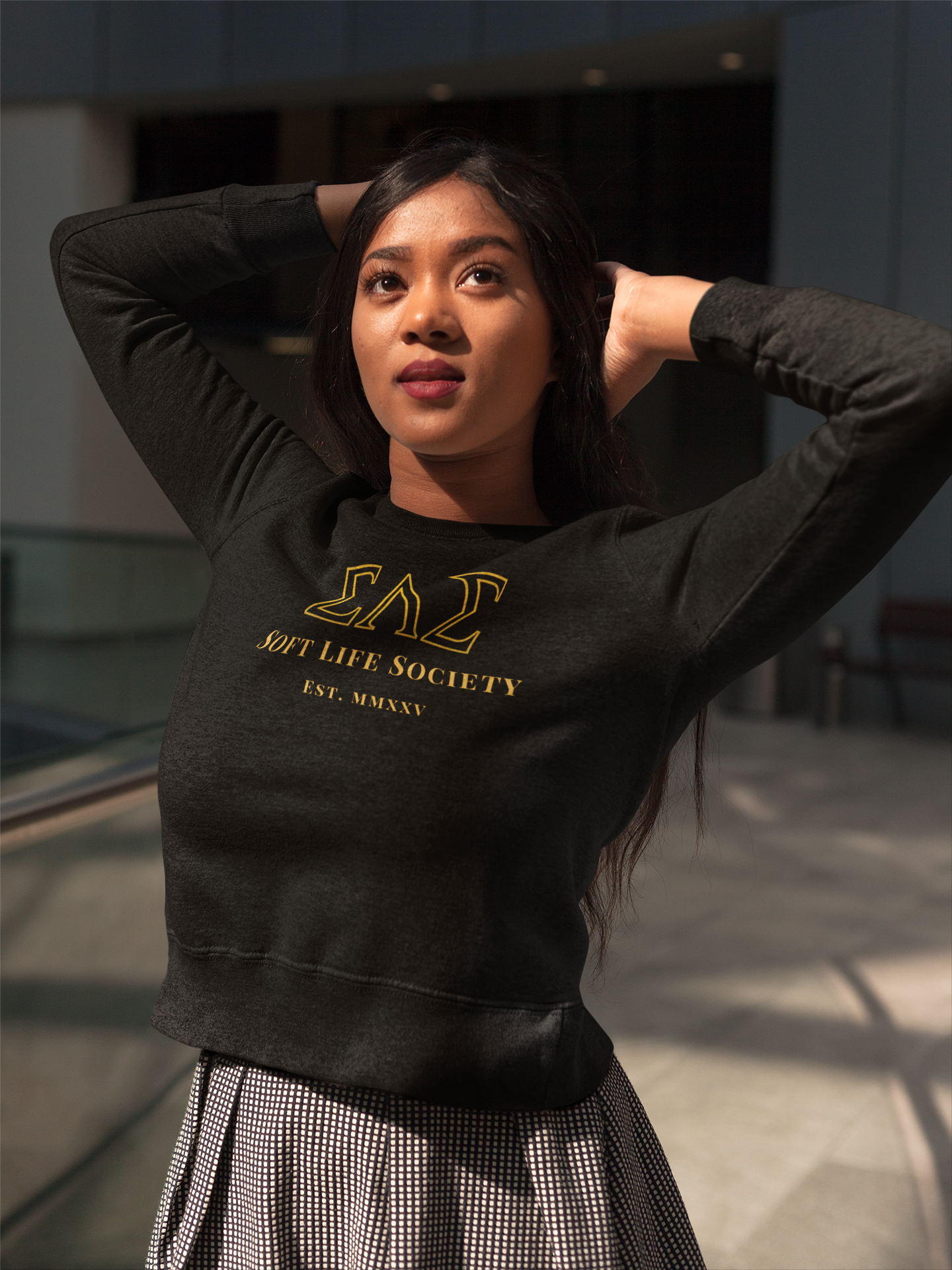 Soft Life Society™ Sorority Crewneck Sweatshirt | ΣΛΣ Vintage Embroidery | Unisex Heavy Blend in Black & Maroon
