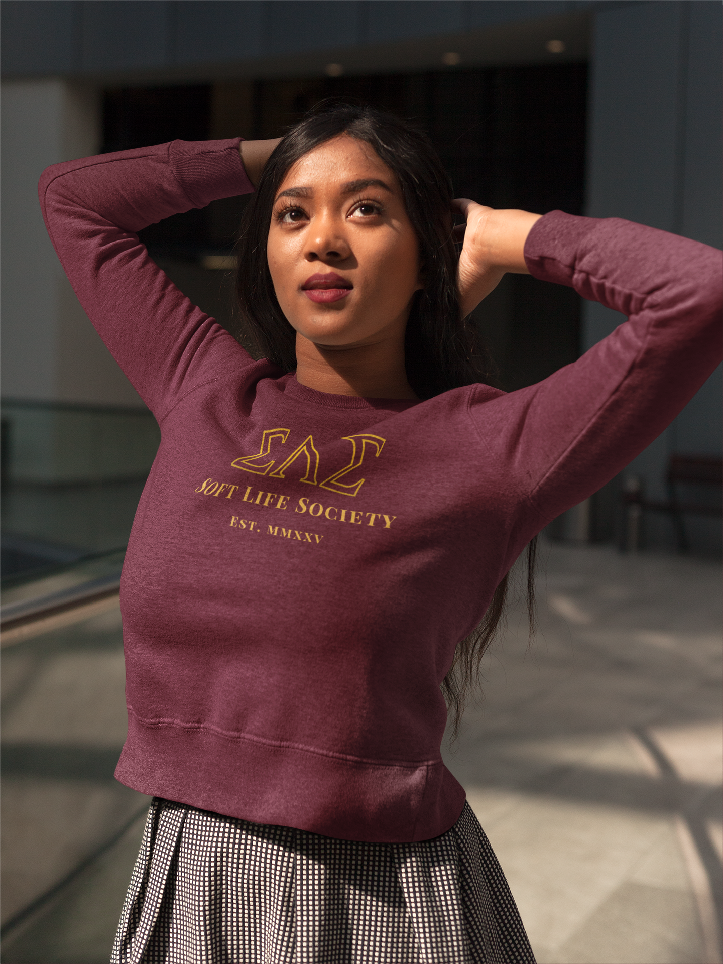 Soft Life Society™ Sorority Crewneck Sweatshirt | ΣΛΣ Vintage Embroidery | Unisex Heavy Blend in Black & Maroon