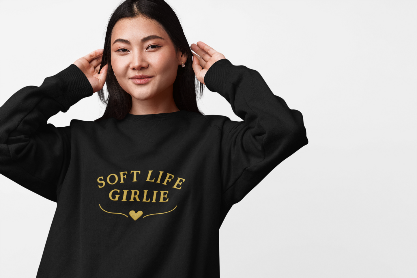 Soft Life Girlie Sweatshirt, Minimal Gold Text Crewneck, Cozy Aesthetic Winter Pullover, Black & Maroon Options | Soft Life Society