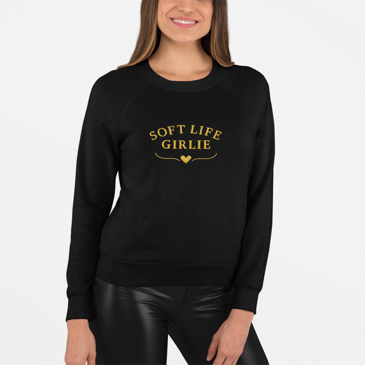 Soft Life Girlie Sweatshirt, Minimal Gold Text Crewneck, Cozy Aesthetic Winter Pullover, Black & Maroon Options | Soft Life Society
