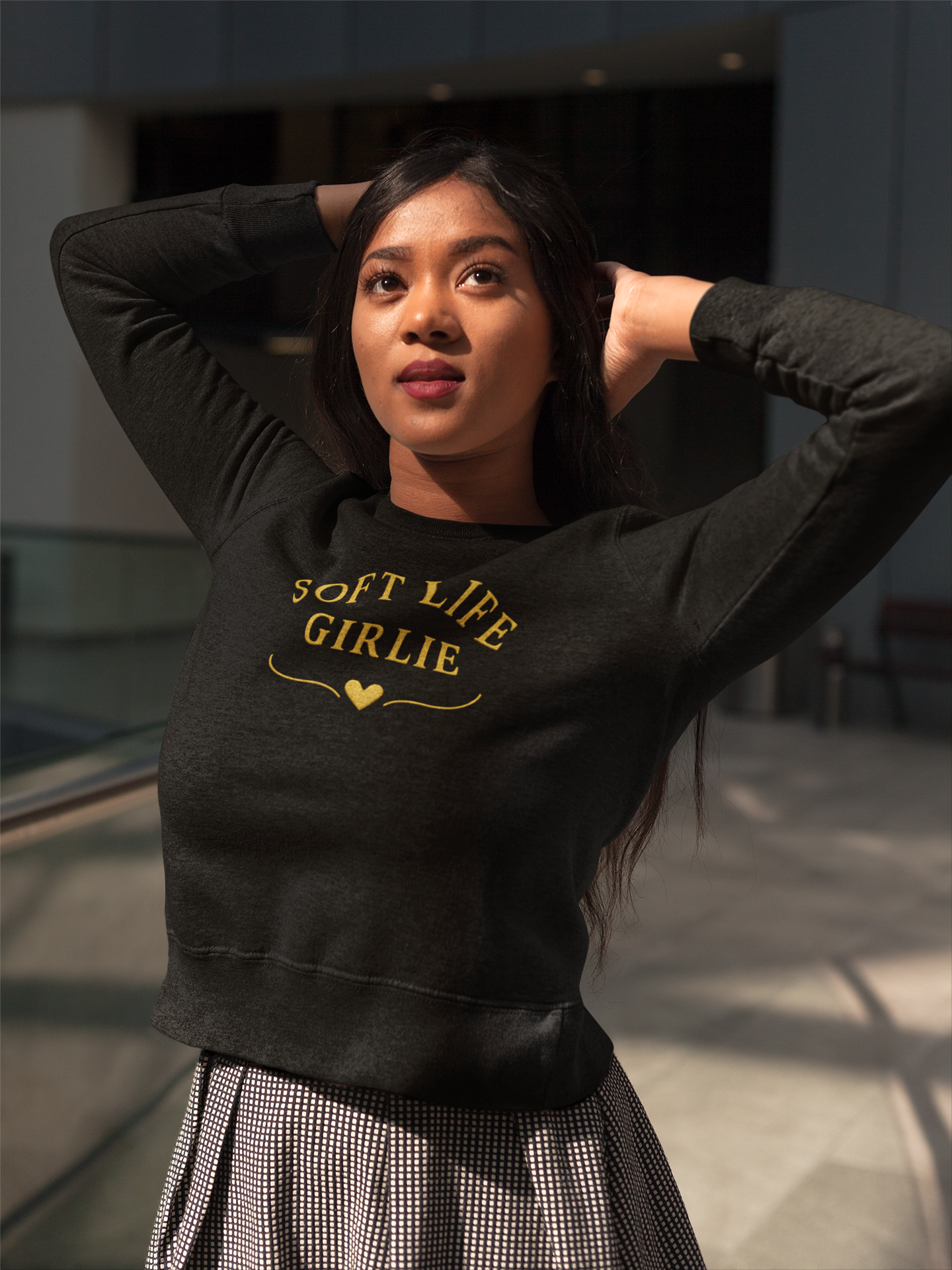 Soft Life Girlie Sweatshirt, Minimal Gold Text Crewneck, Cozy Aesthetic Winter Pullover, Black & Maroon Options | Soft Life Society