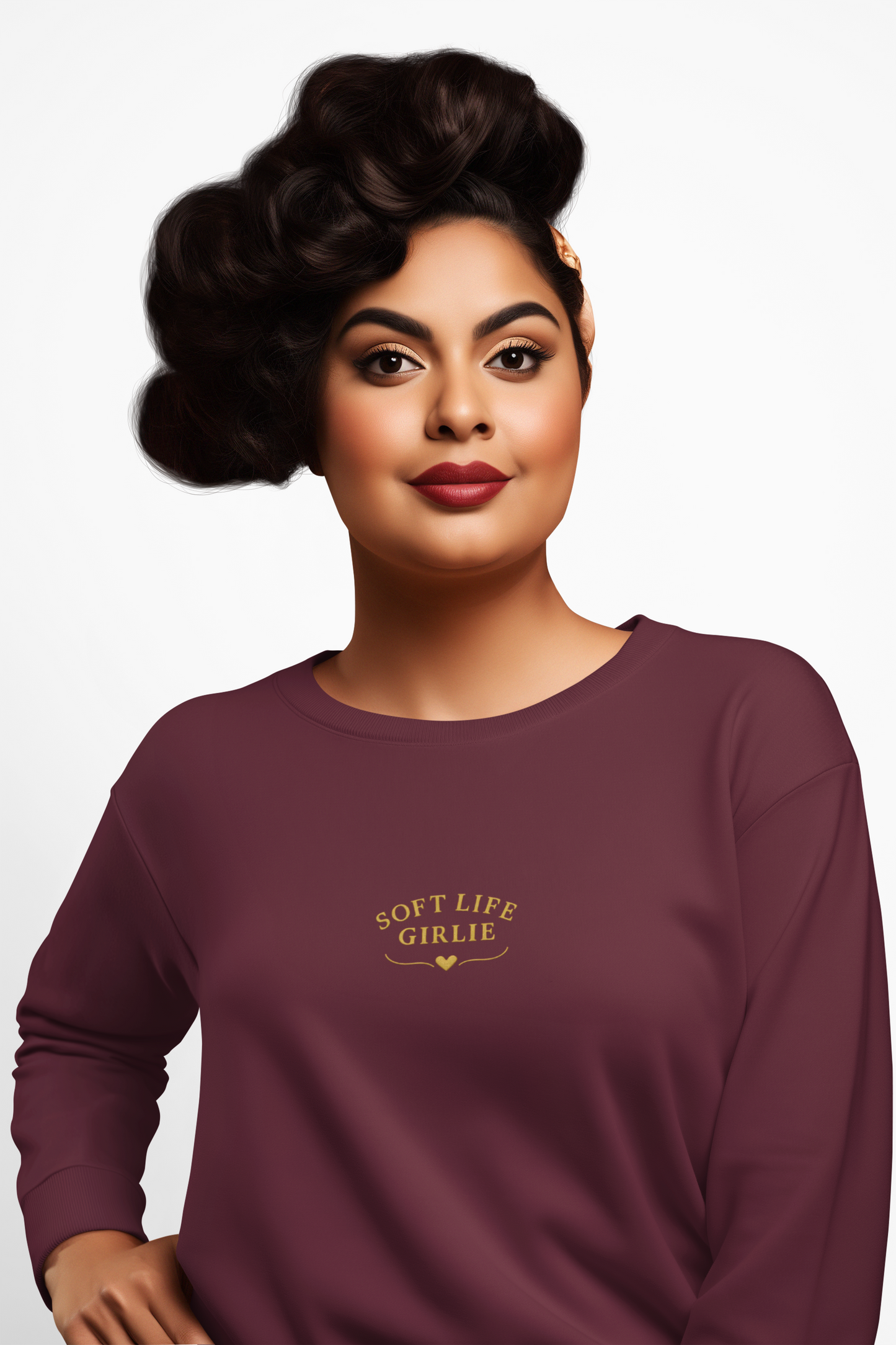 Soft Life Girlie Sweatshirt, Minimal Gold Text Crewneck, Cozy Aesthetic Winter Pullover, Black & Maroon Options | Soft Life Society