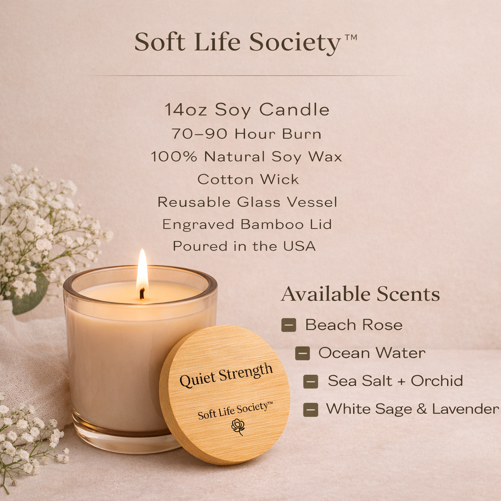 Soy candle with wooden lid and product details on a beige background