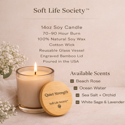 Soy candle with wooden lid and product details on a beige background