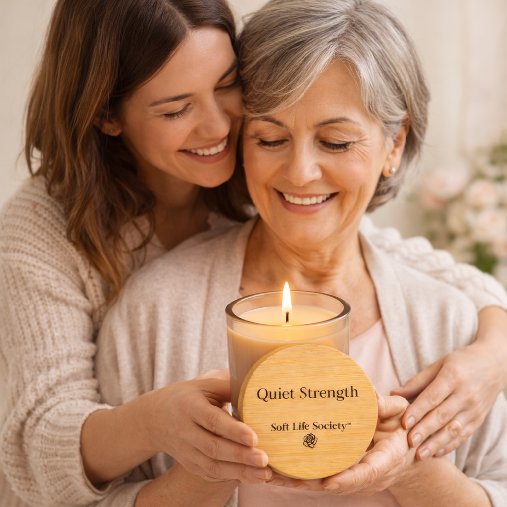Two women holding a candle labeled 'Quiet Strength' by Soft Life Society.