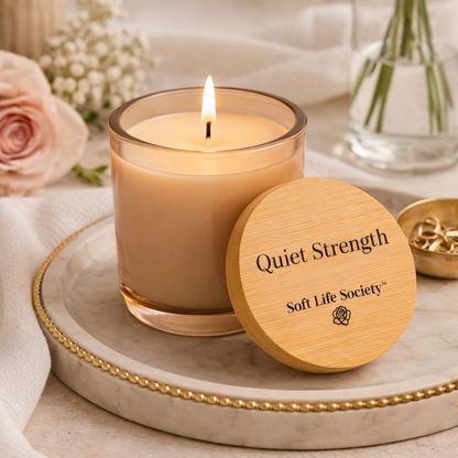 Candle with wooden lid labeled 'Quiet Strength' from Soft Life Society on a decorative tray.