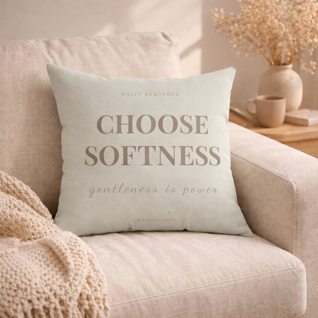Decorative pillow with 'Choose Softness' text on a beige couch