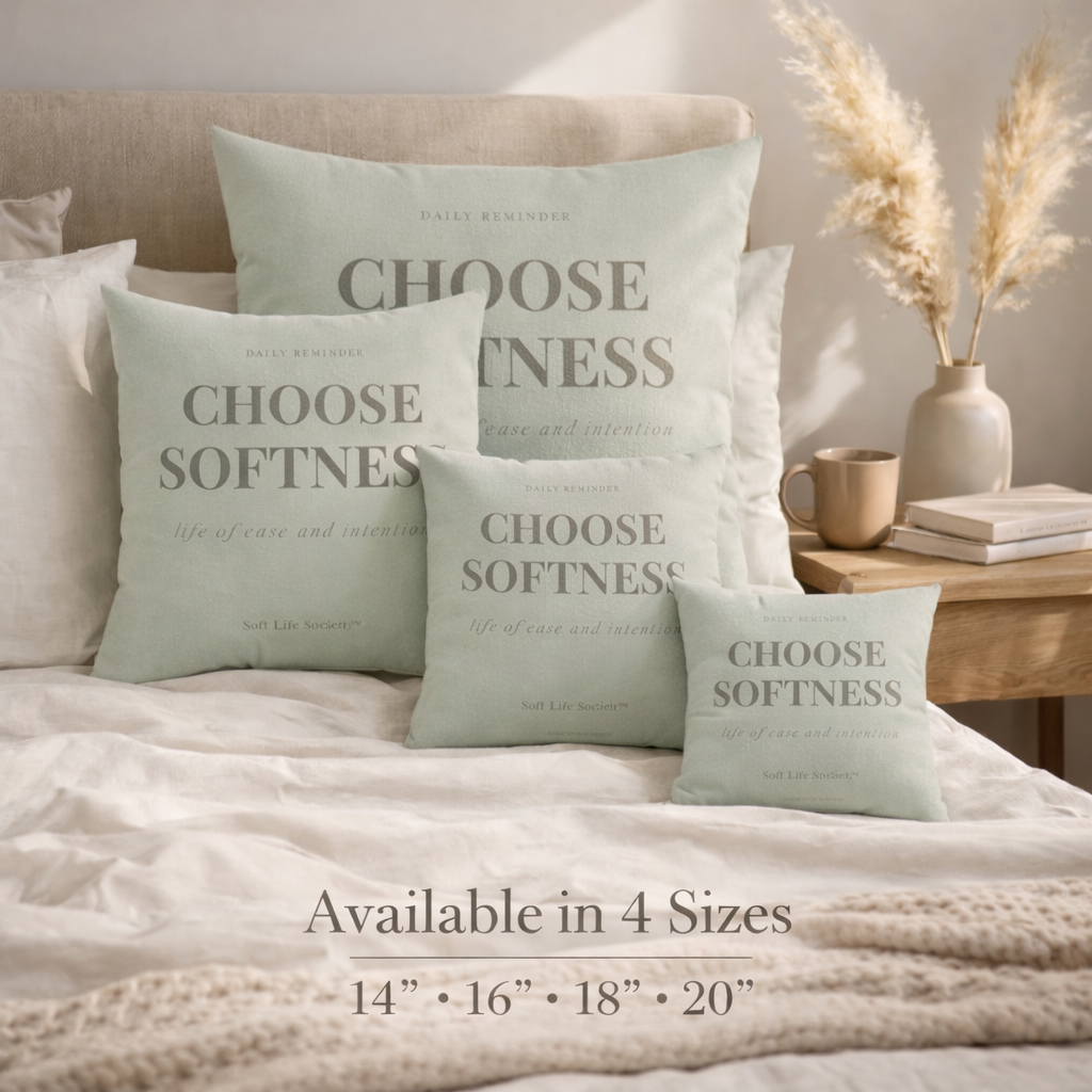 Size guide of decorative motivational pillows with text on a bed in a cozy bedroom setting 