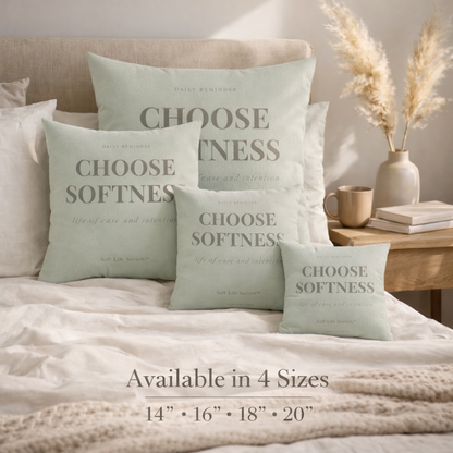 Size guide of decorative motivational pillows with text on a bed in a cozy bedroom setting 