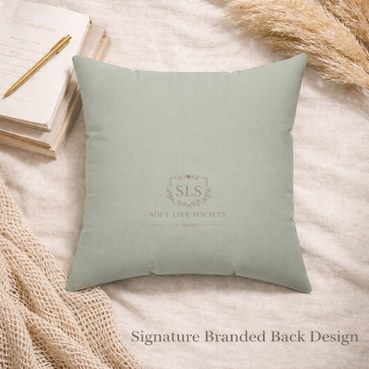 Light green pillow with 'SLS Soft Life Society' logo on a textured surface.