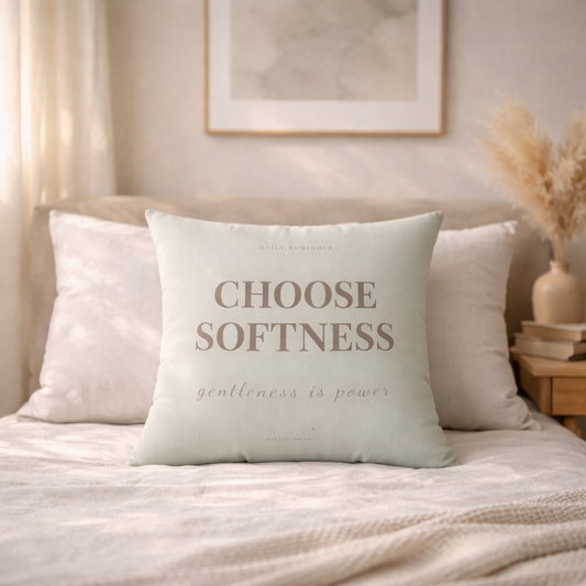 Decorative pillow with 'CHOOSE SOFTNESS' text on a bed in a bedroom setting