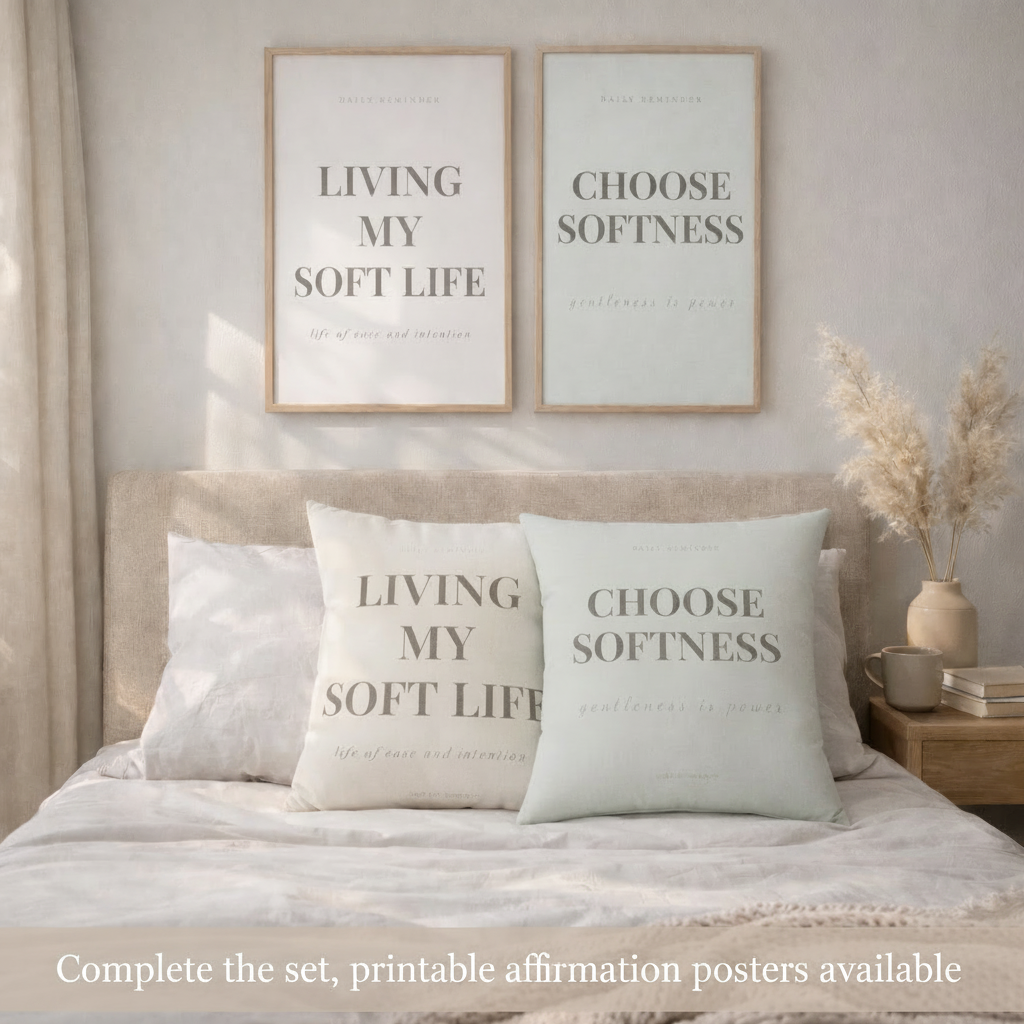 Bedroom with pillows and wall art featuring motivational phrases.