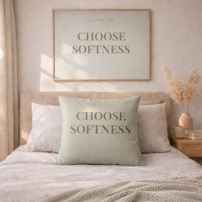 Bedroom with 'Choose Softness' pillows and framed artwork on the wall.