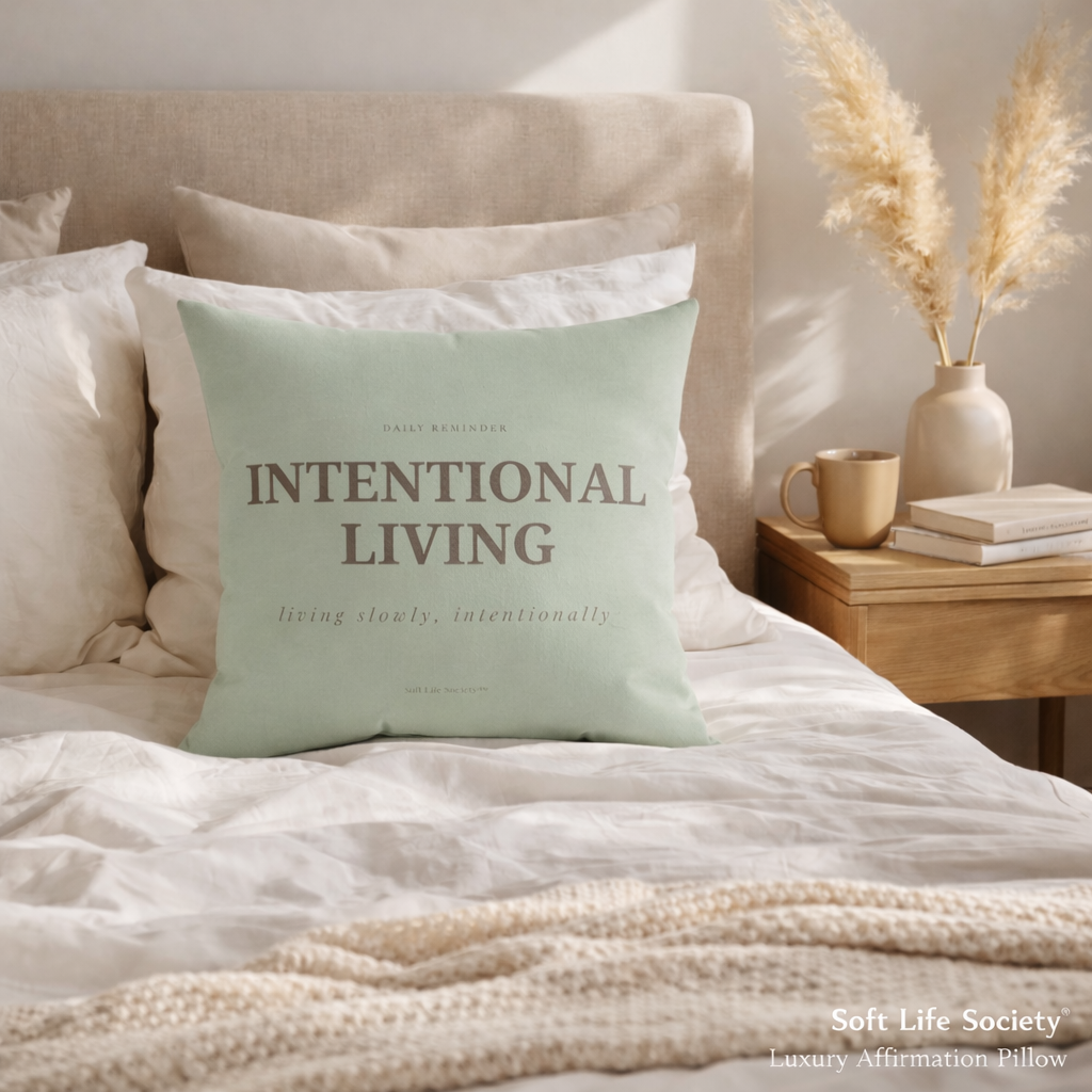 Bed with a 'Intentional Living' pillow, side table with mug and books, Soft Life Society branding.