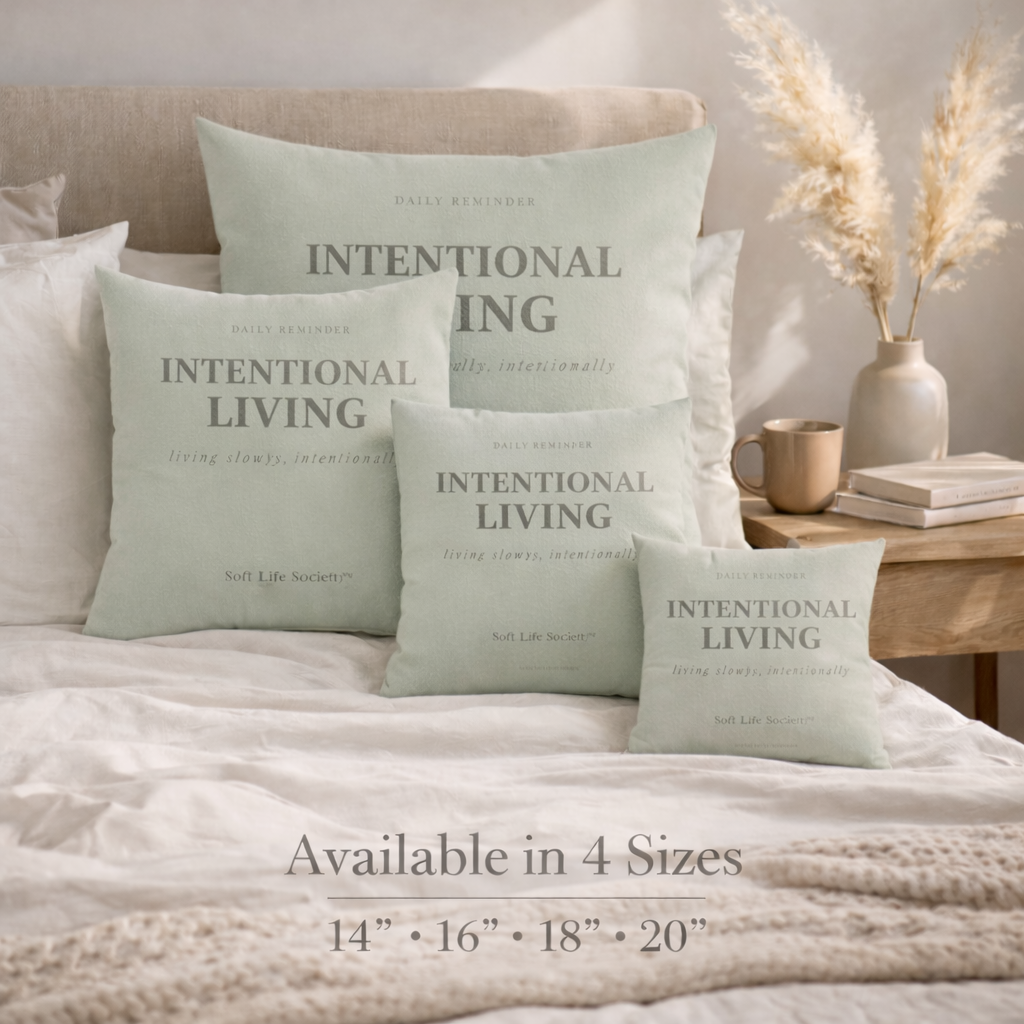 Green pillows with 'Intentional Living' text on a bed, with a side table and decor items in the background.