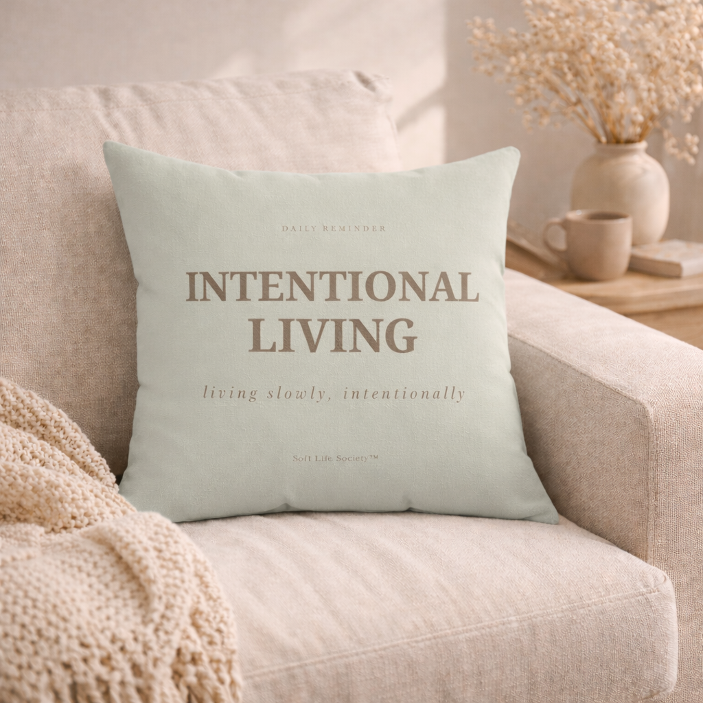 Light green pillow with 'Intentional Living' text on a beige couch.