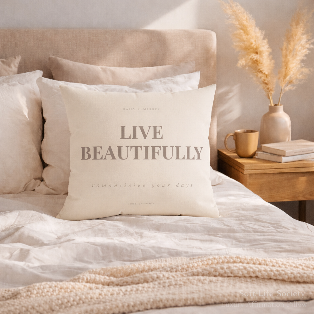 Decorative pillow with 'Live Beautifully' text on a bed with a side table and decor items.
