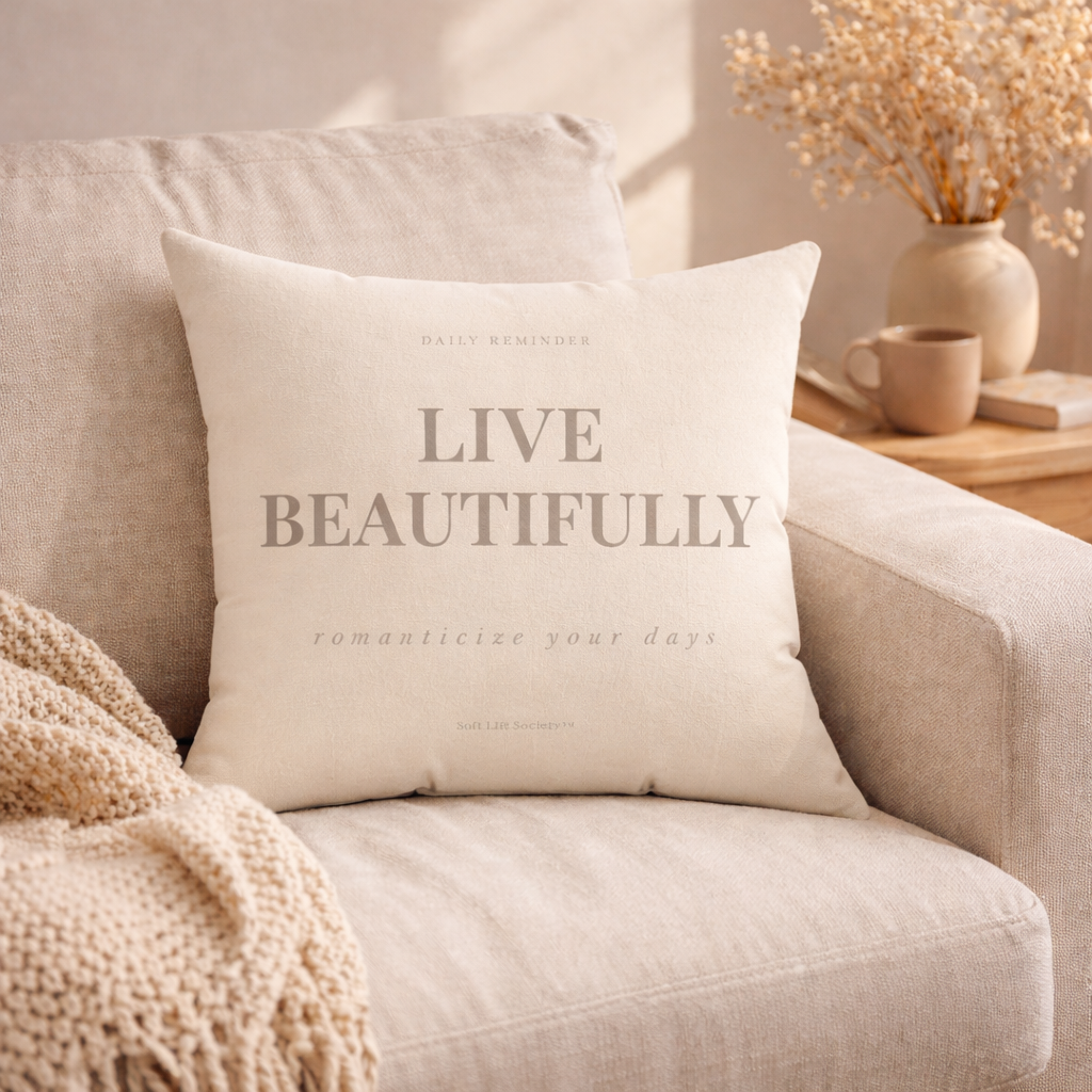 Beige pillow with 'Live Beautifully' text on a beige sofa with a cozy atmosphere.