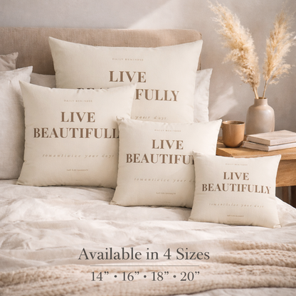 Size guide with decorative pillows with motivational phrases on a bed in a cozy bedroom setting.
