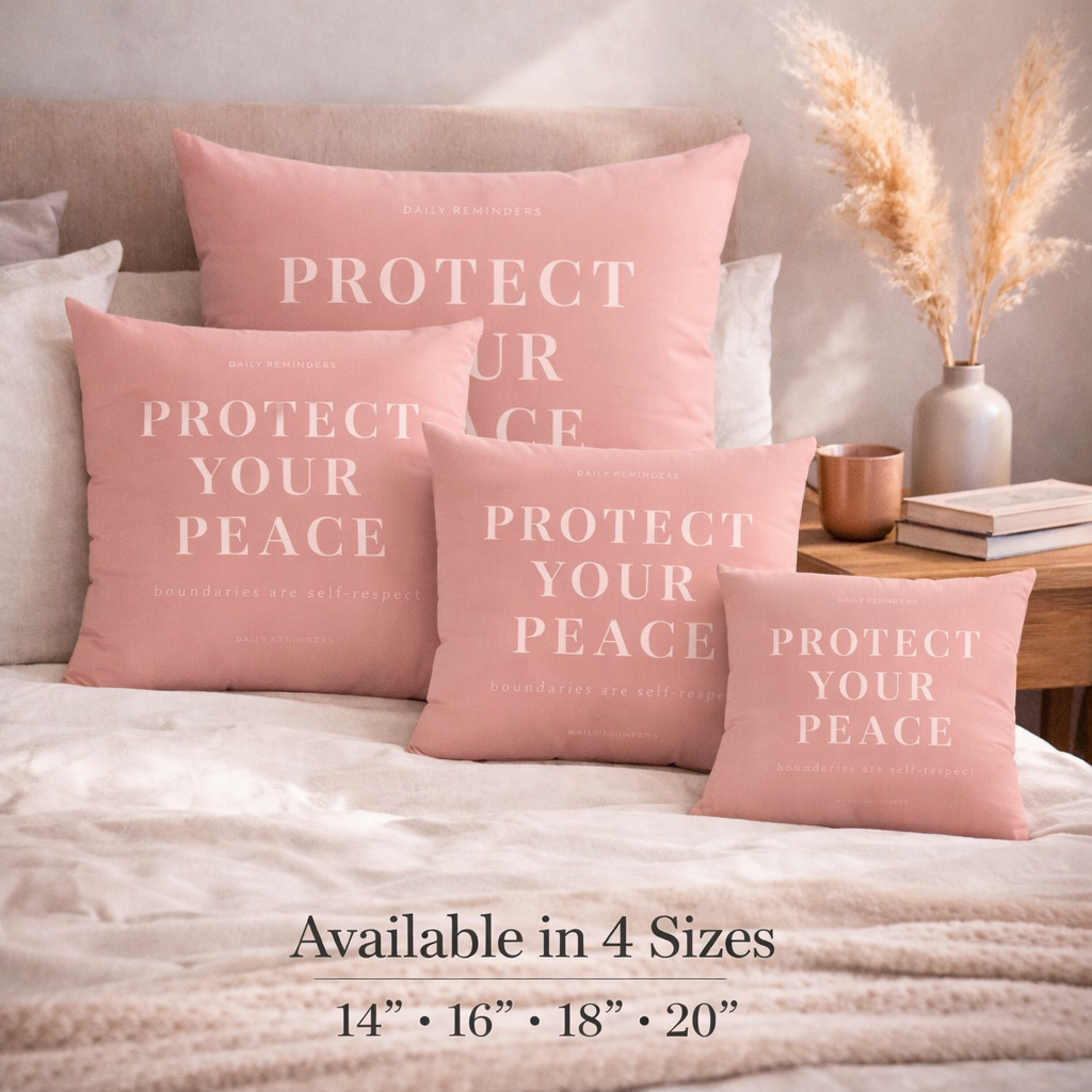 Pink pillows with 'Protect Your Peace' text on a bed with size guide