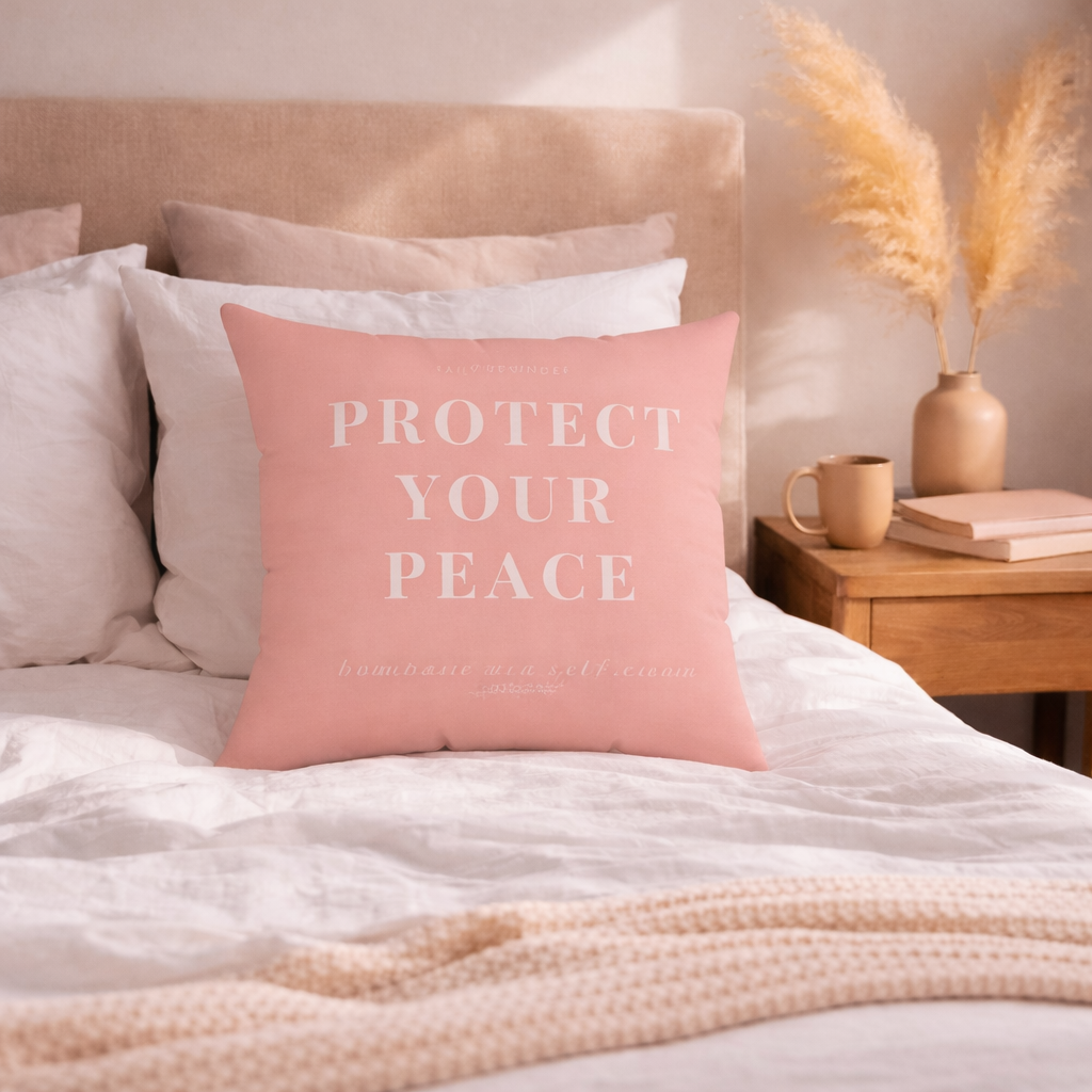Pink pillow with 'Protect Your Peace' text on a bed in a cozy bedroom setting.