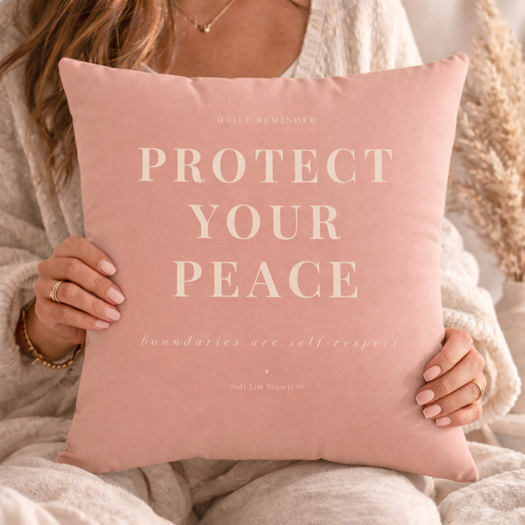Person holding a pink pillow with 'Protect Your Peace' text