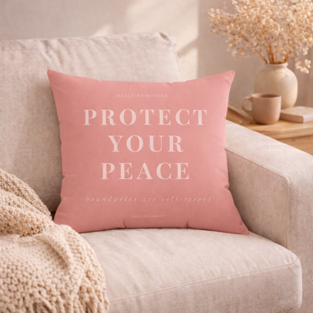 Pink pillow with 'Protect Your Peace' text on a beige couch