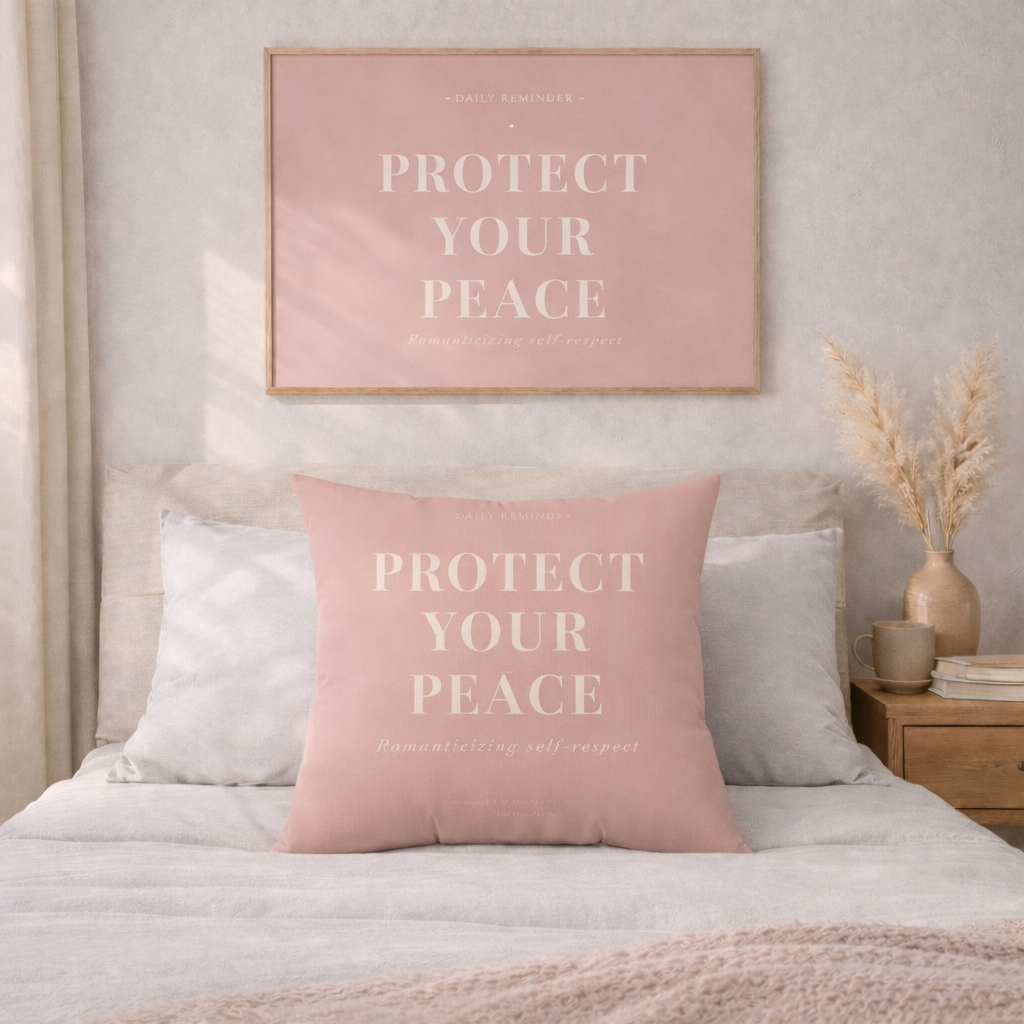Pink pillow and framed art print with 'Protect Your Peace' text in a bedroom setting.