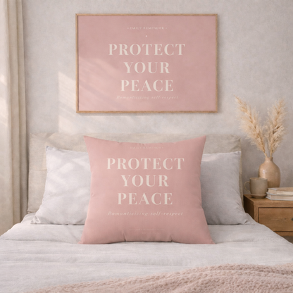 Pink pillow and framed art print with 'Protect Your Peace' text in a bedroom setting.