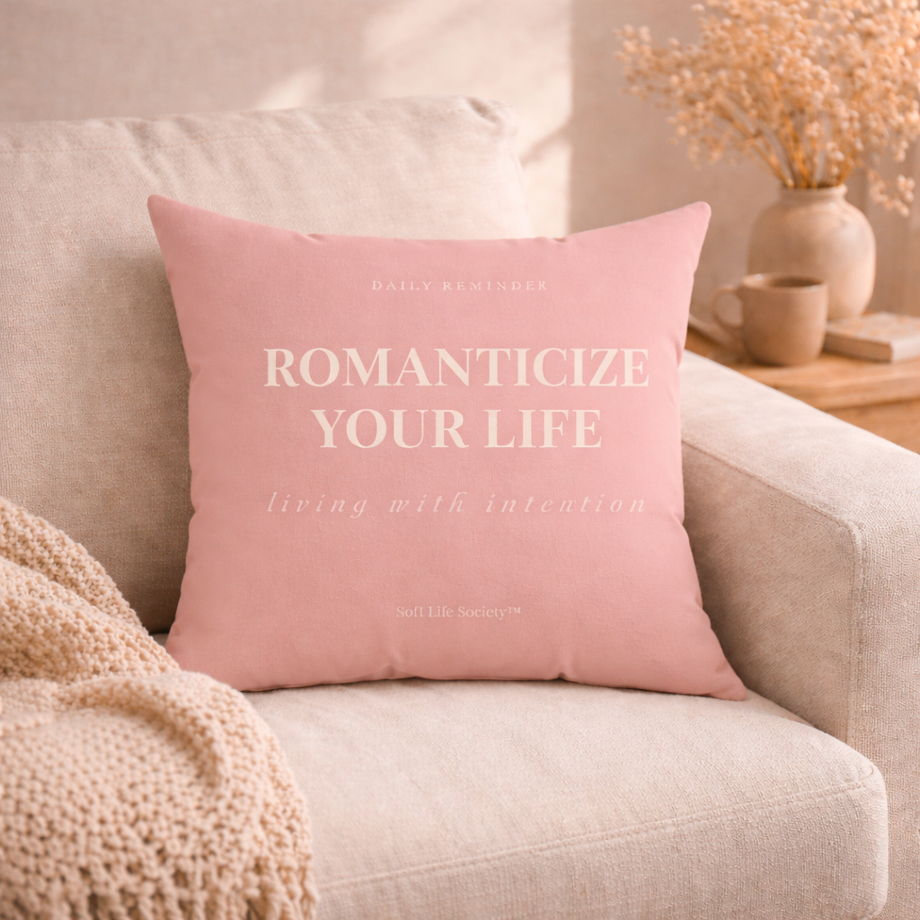 Pink pillow with text 'ROMANTICIZE YOUR LIFE' on a beige couch in a cozy living room setting