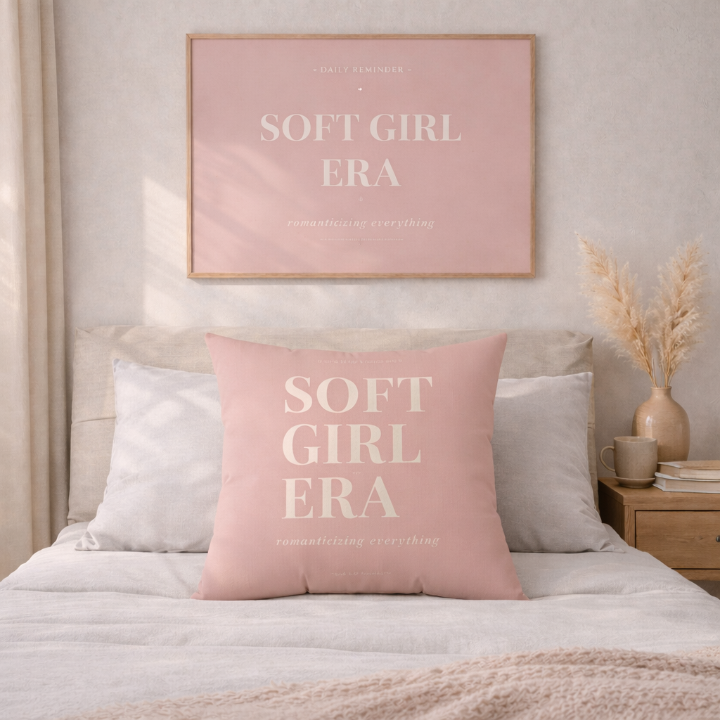 Pink 'Soft Girl Era' pillow and framed art print on a bed in a bedroom setting.