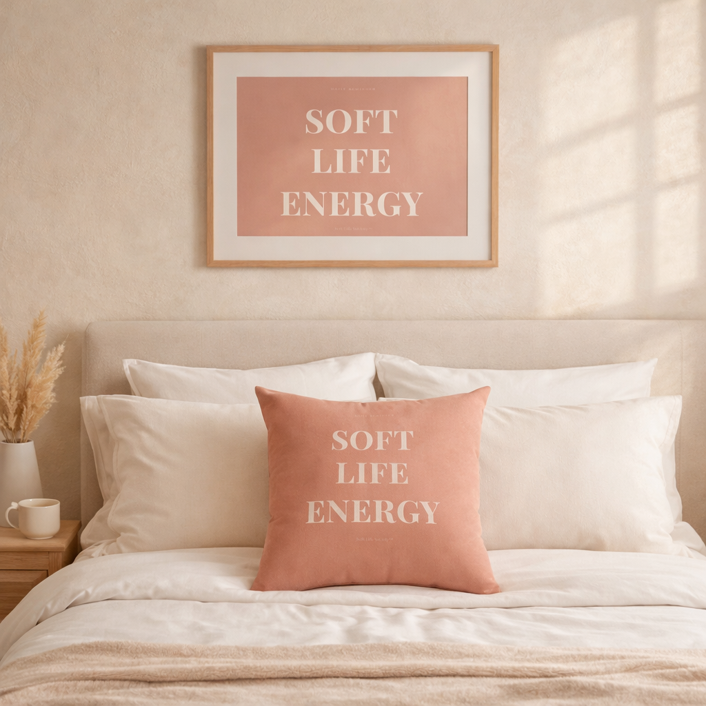 Bedroom with 'Soft Life Energy' pillow and wall art