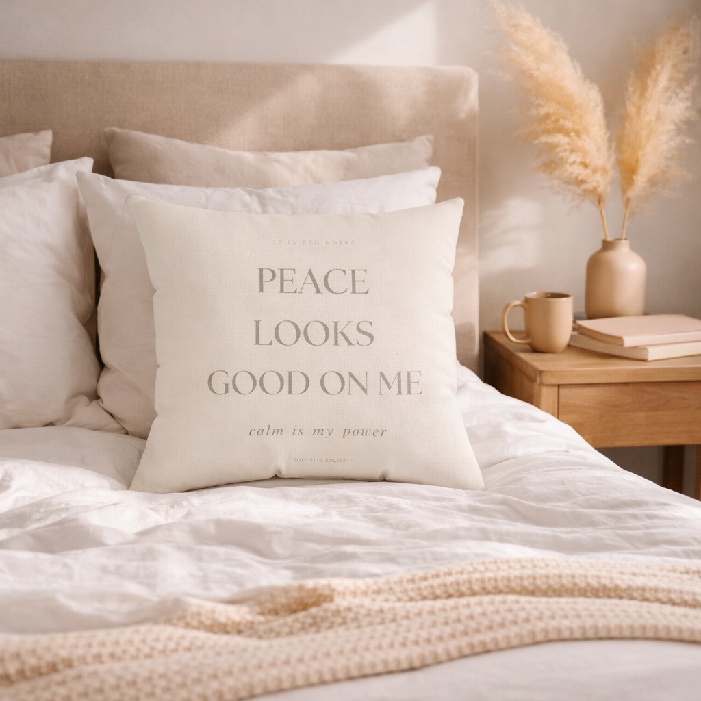 Decorative pillow with text on a bed in a bedroom setting