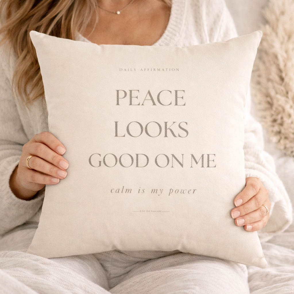 Person holding a pillow with text 'PEACE LOOKS GOOD ON ME calm is my power' in a cozy setting.