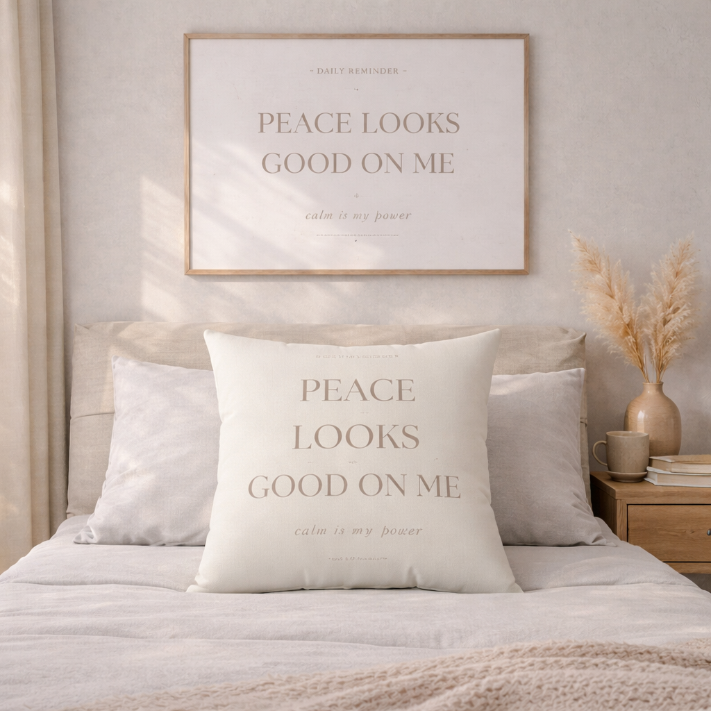 Decorative pillow with 'Peace Looks Good on Me' text on a bed in a bedroom setting.