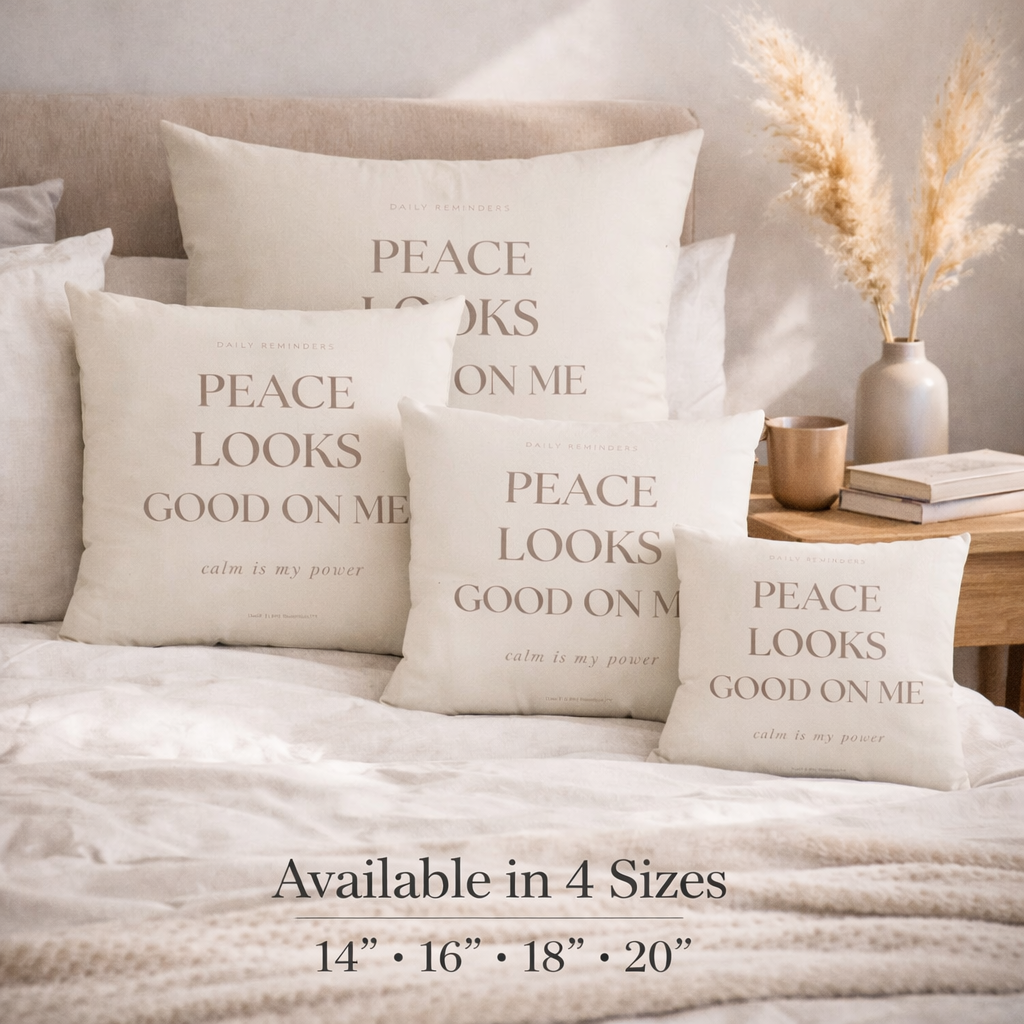 Size guide for decorative pillows with motivational phrases on a bed in a cozy bedroom setting.