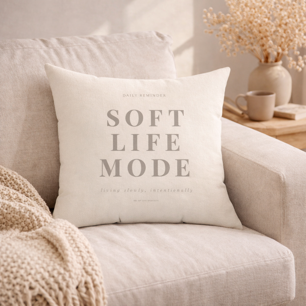 Decorative pillow with 'Soft Life Mode' text on a beige couch.
