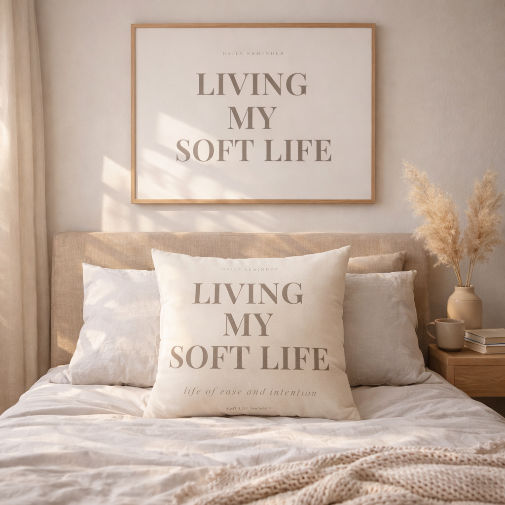 Bedroom with 'Living My Soft Life' pillows and decor