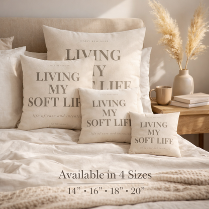 Size guide for decorative pillows with text on a bed in a bedroom setting