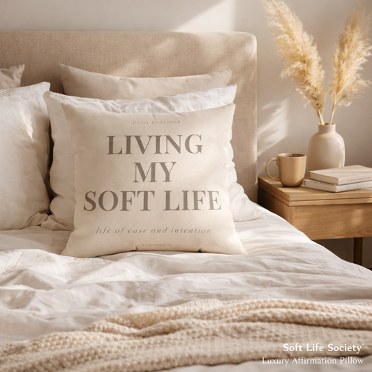 Decorative pillow with 'Living My Soft Life' text on a bed with neutral tones.