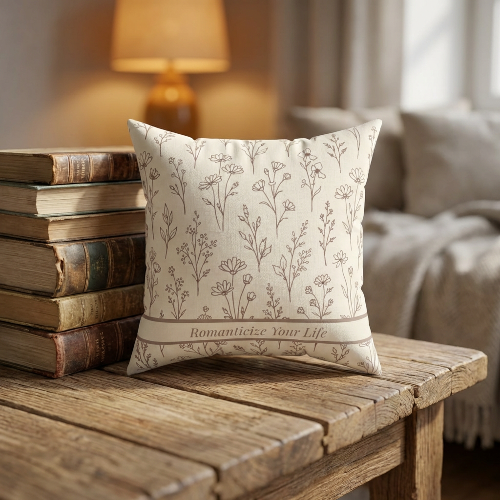 Decorative pillow with floral pattern on a wooden table with books in a cozy room.
