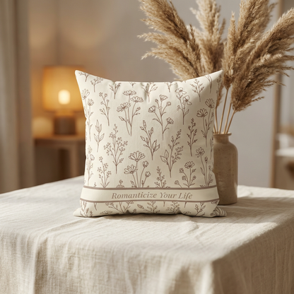 Decorative pillow with floral pattern and text on a table with a vase of pampas grass.