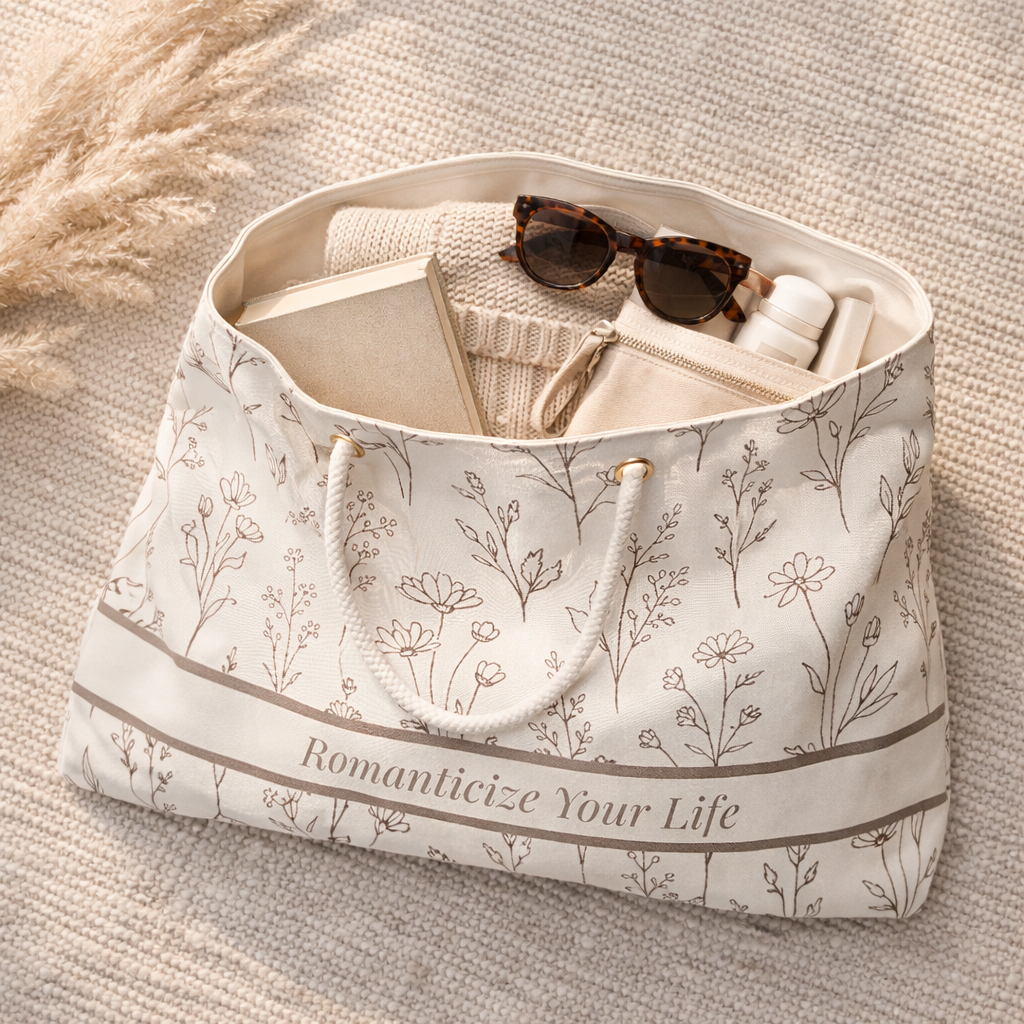 Open floral weekender bag showing spacious interior packed with sweater, notebook, sunglasses, and travel essentials.