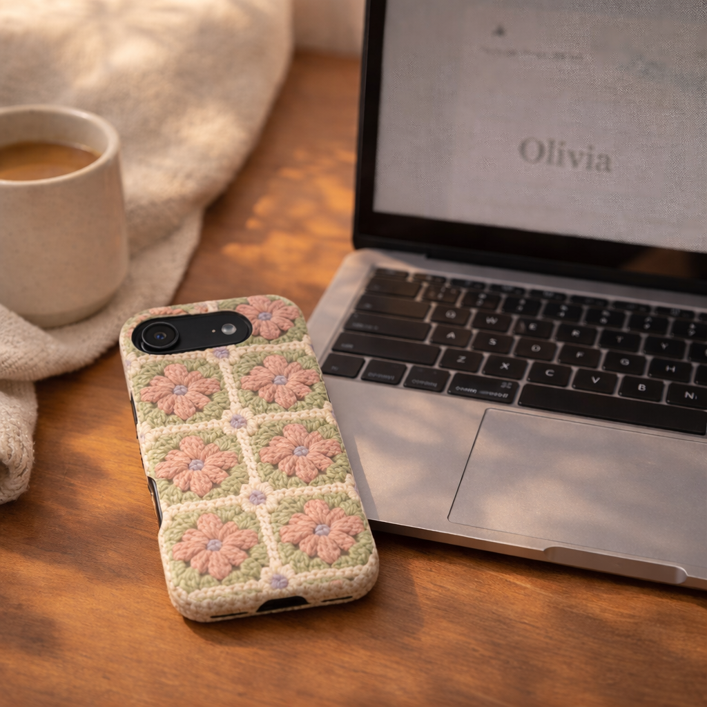 Phone case with floral pattern next to a laptop on a wooden surface