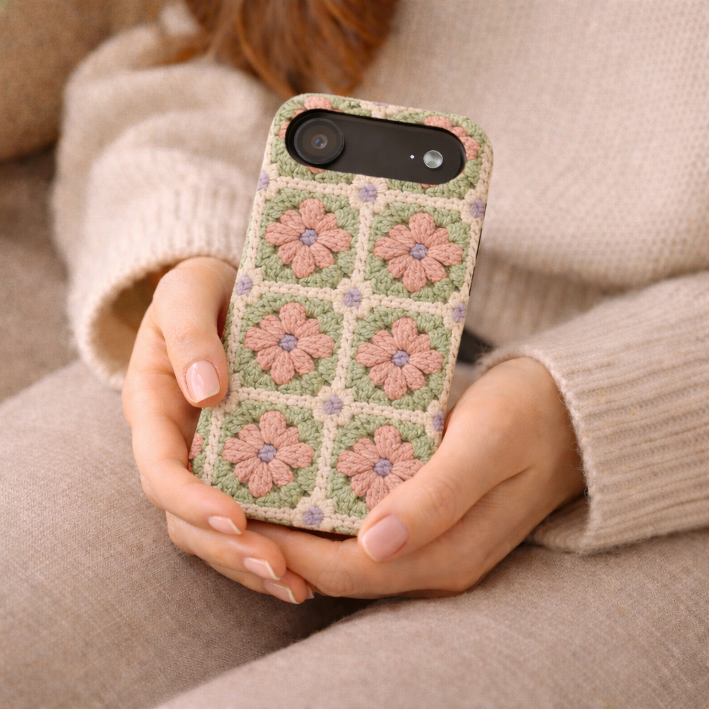 Person holding a phone with a floral patterned case