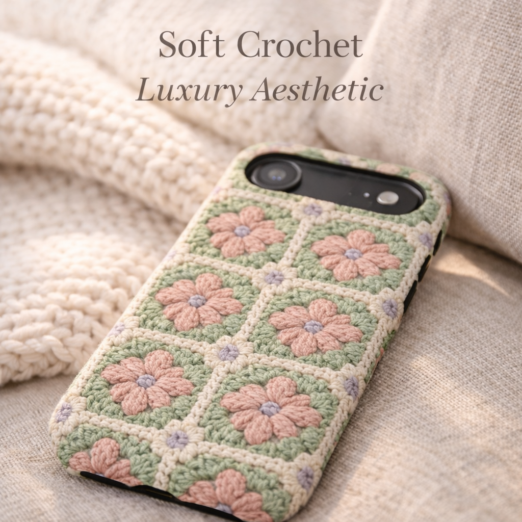 Crocheted phone case with floral pattern on a soft fabric background