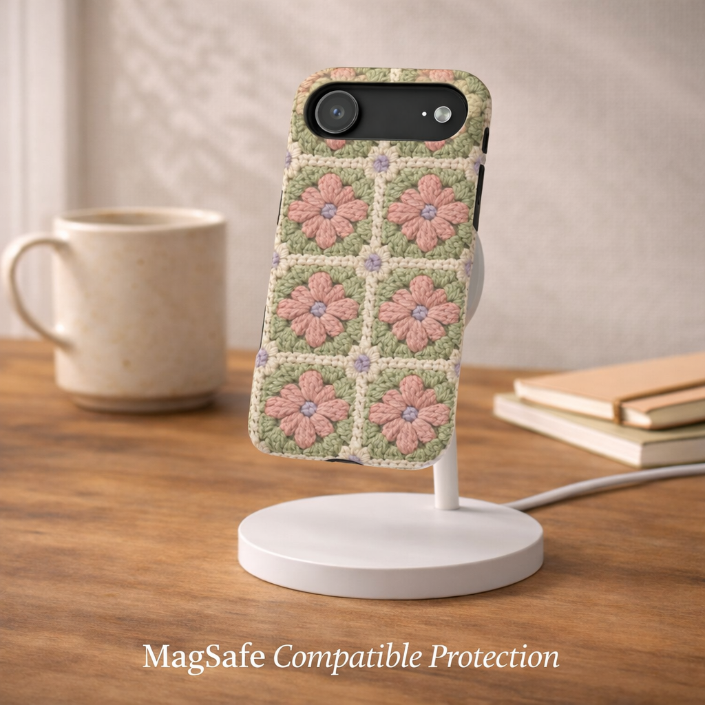 Phone case with floral pattern on a stand next to a mug and books on a wooden surface