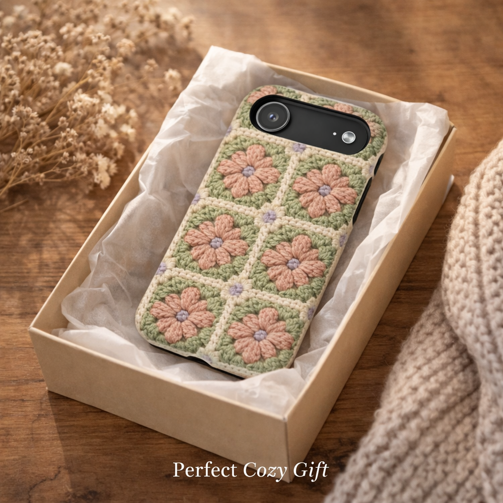 Crocheted phone case with floral pattern in a box on a wooden surface